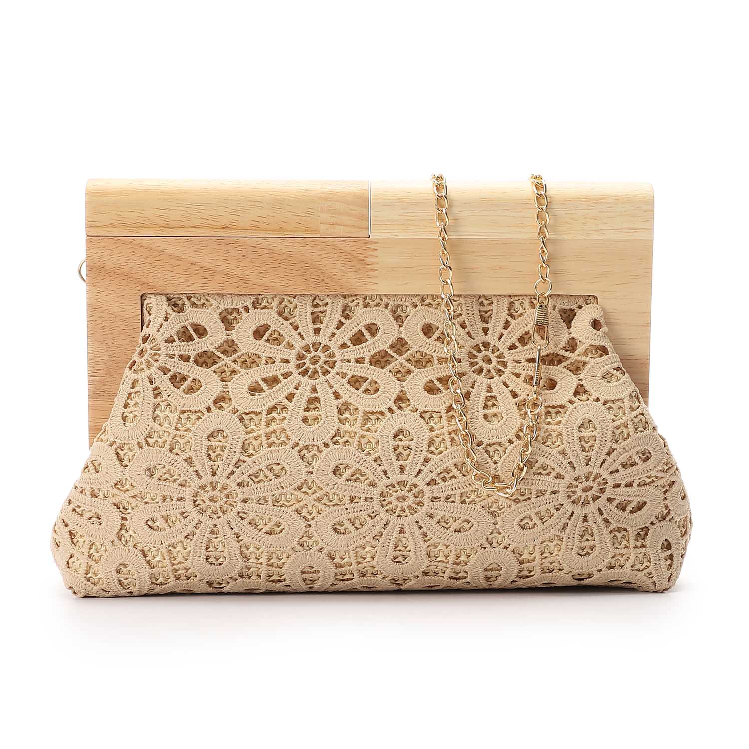 Crochet Floral Wooden Frame Clutch – Beige