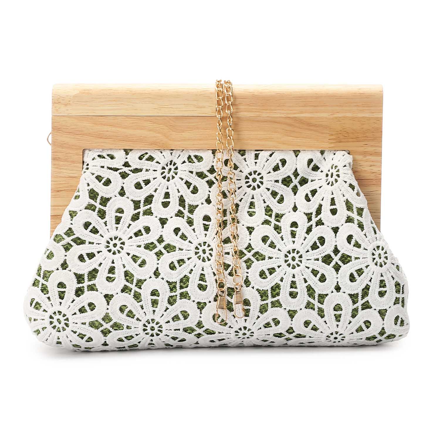 Crochet Floral Wooden Frame Clutch – White & Green
