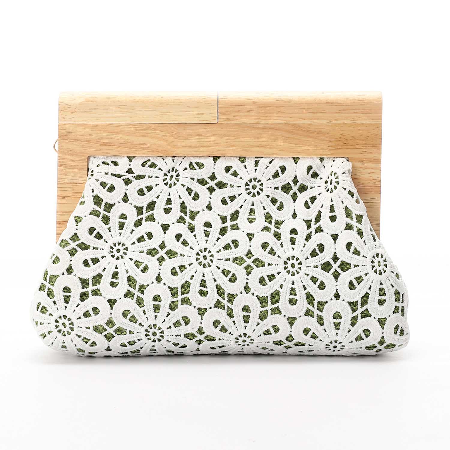 Crochet Floral Wooden Frame Clutch White & Green