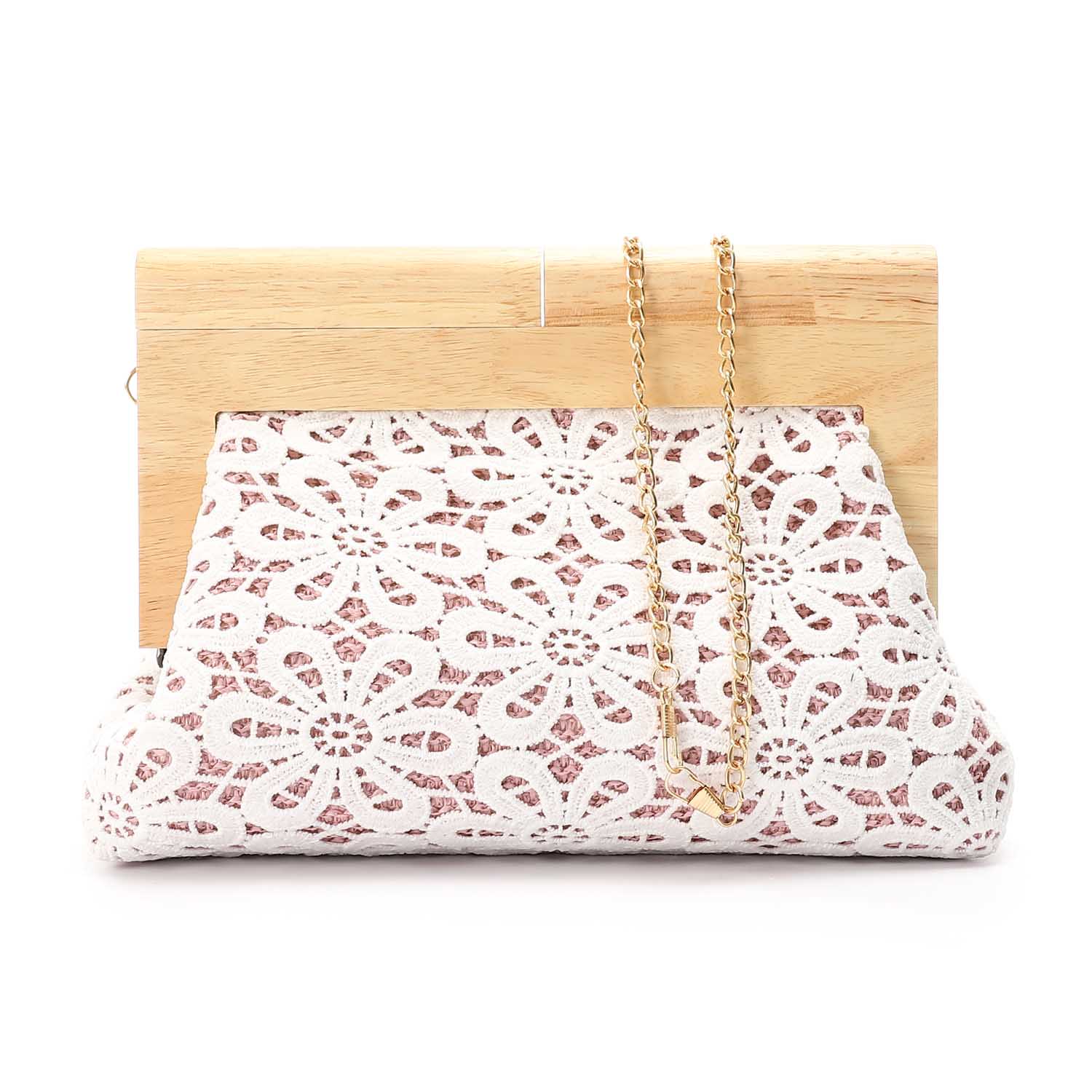 Crochet Floral Wooden Frame Clutch – White & Pink