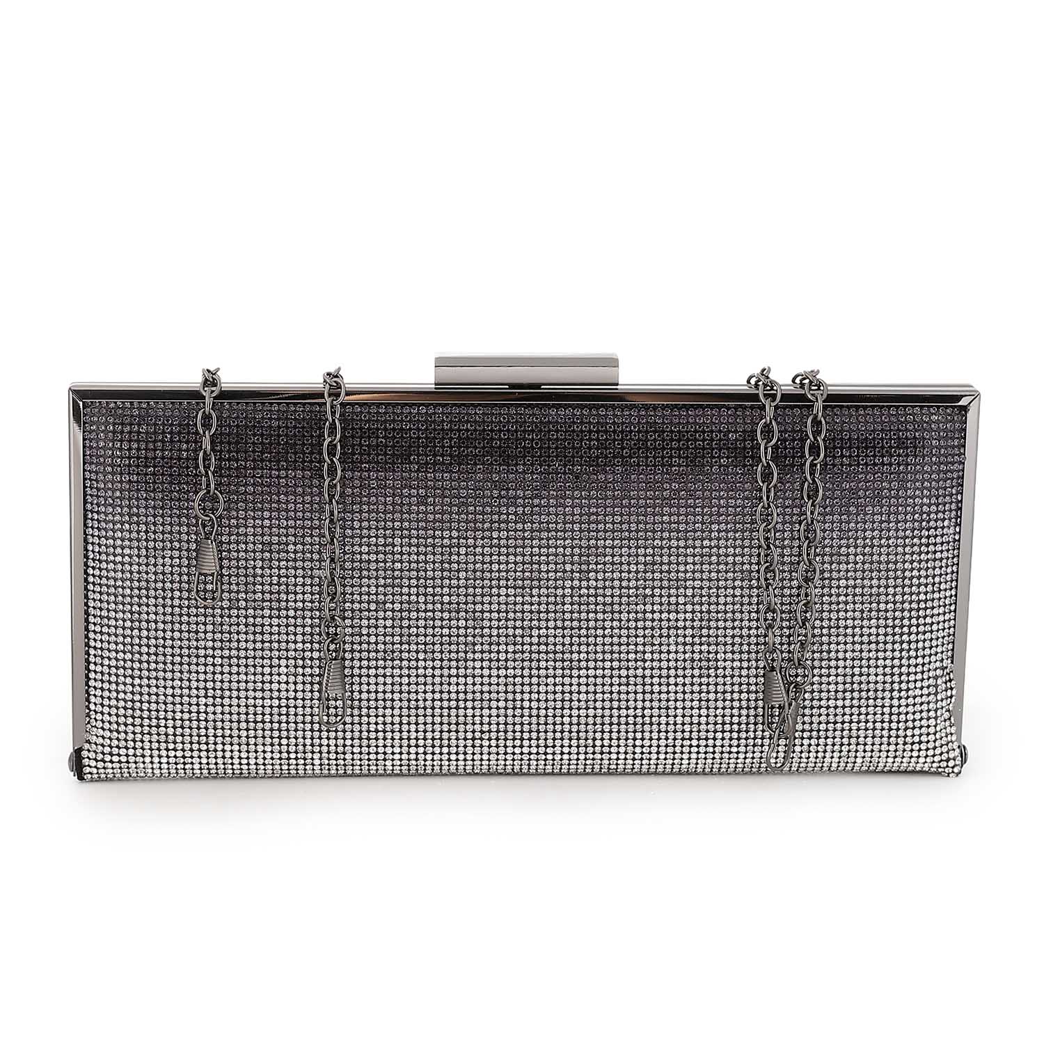 Gunmetal Rhinestone Hardcase Clutch – Silver