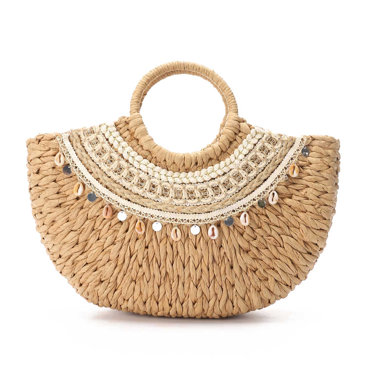 Bohemian Shell Embellished Woven Handbag – Beige