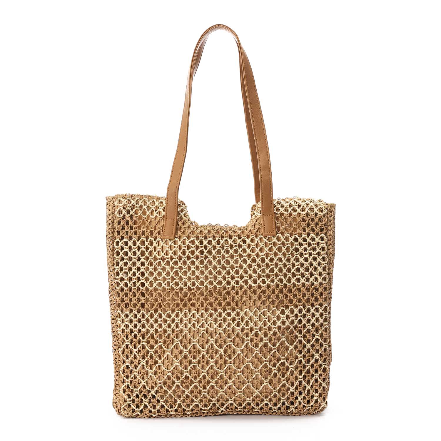 Woven Raffia Mesh Tote Bag – Beige & Tan