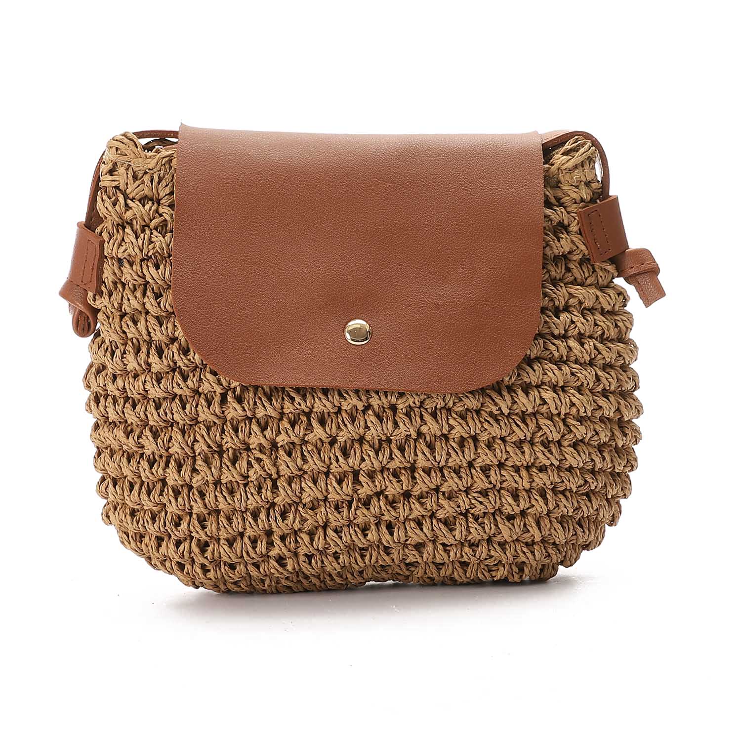 Raffia Crossbody Bag with Faux Leather Flap ƒ?? Tan
