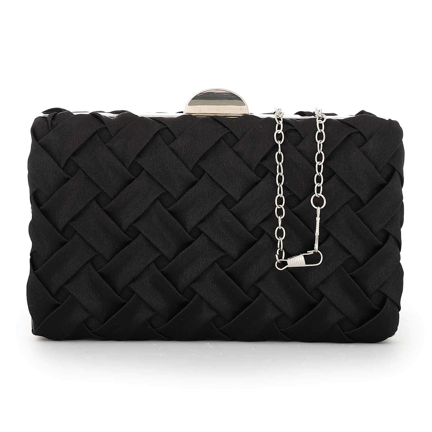 Noir Weave Satin Clutch – Black