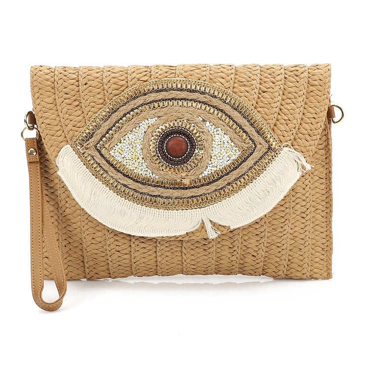 Boho Evil Eye Straw Clutch - Tan