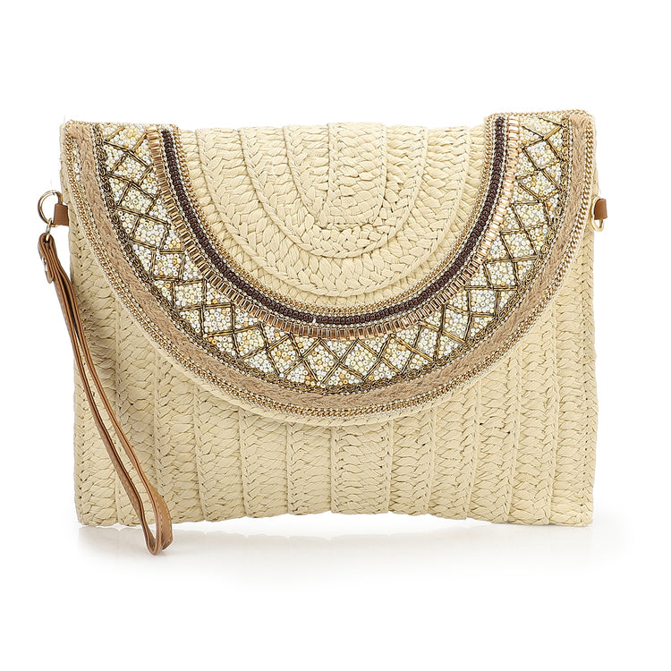 Boho Gold Embellished Straw Clutch – Beige