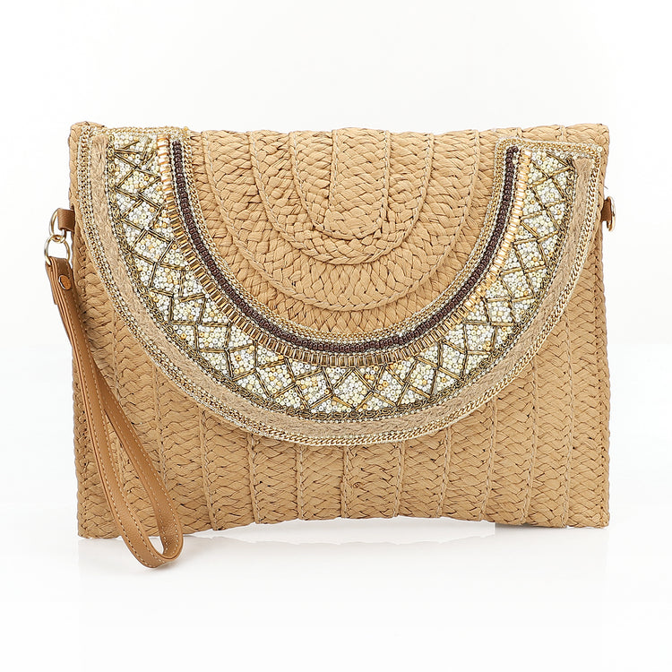 Boho Gold Embellished Straw Clutch – Tan