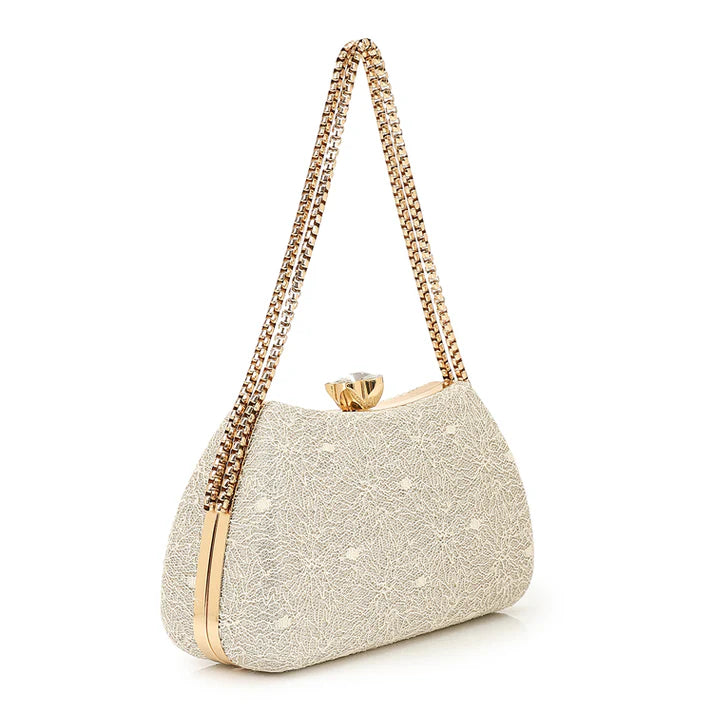 Synthetic Clutch Bag with Chain Strap - Off White & Gold
