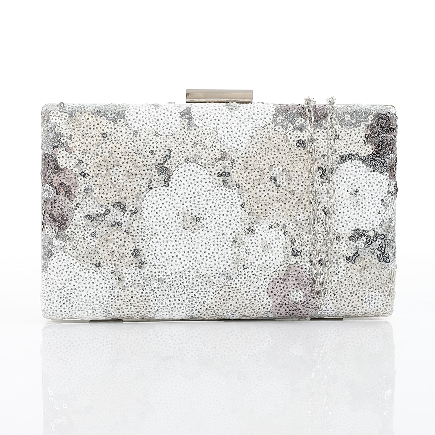 Sequin Floral Box Clutch - Silver