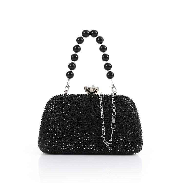 Crystal Beaded Clutch with Pearl Handle – Black