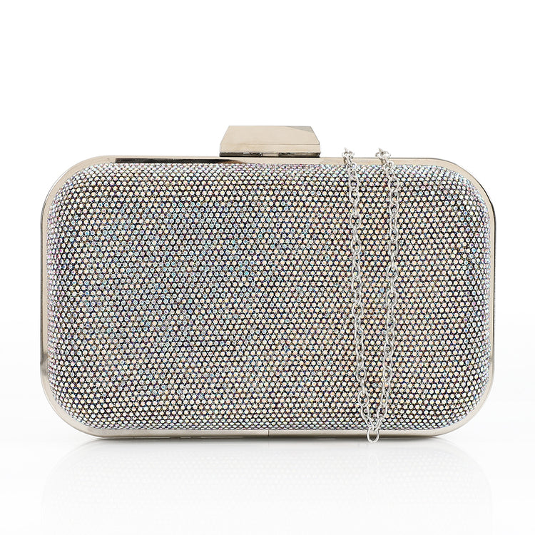 Midnight Spark Rhinestone Box Clutch – Silver