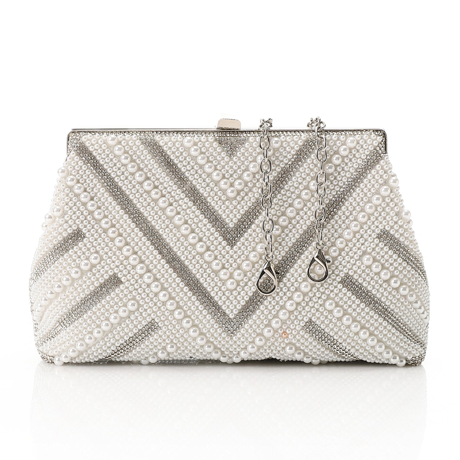 V Shaped Pearl-embellished Clutch - Silver