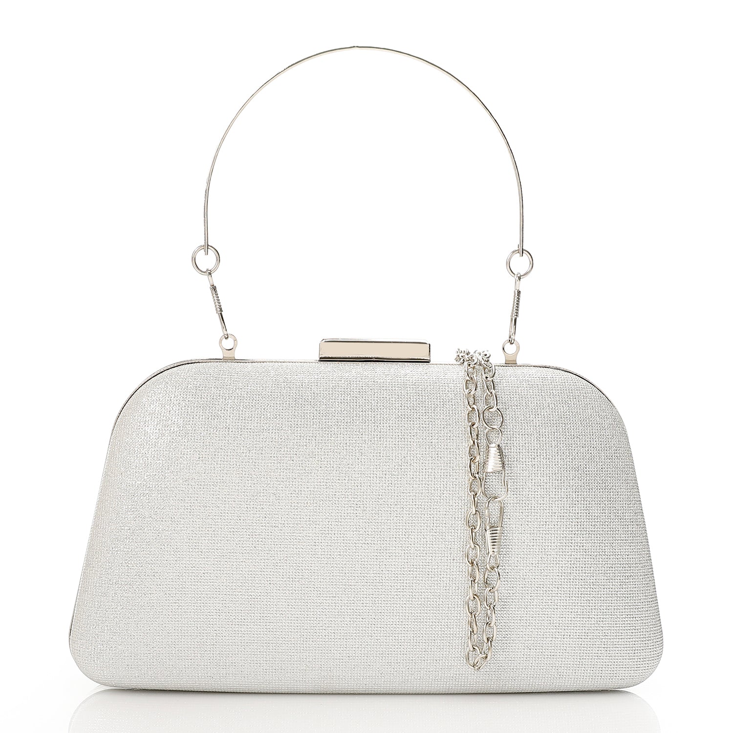 Elegant Glitter Clutch with Metal Handle -Silver