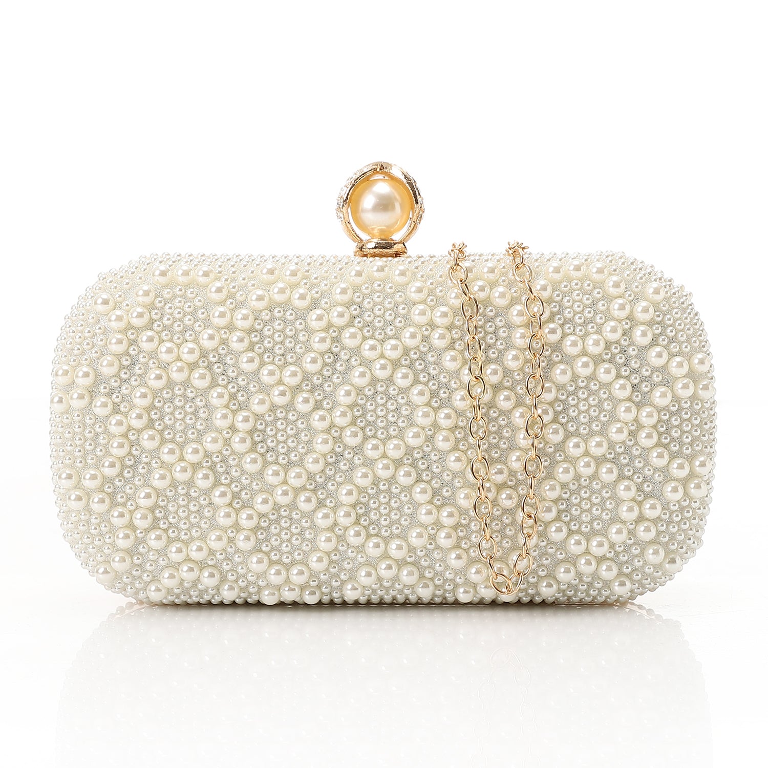 Pearl Embellished Oval Evening Clutch - Beige
