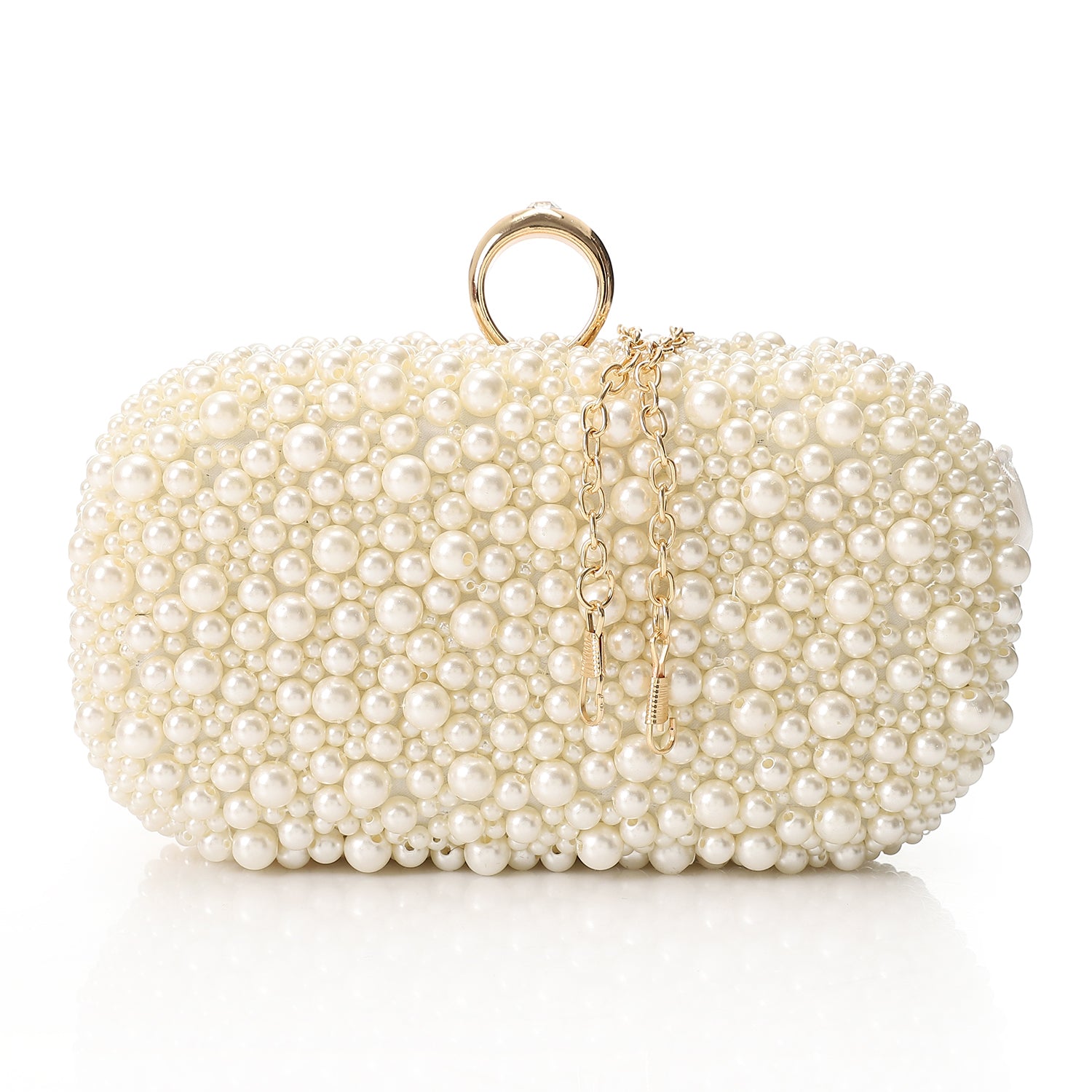 Pearl Embellished Oval Evening Clutch - Beige