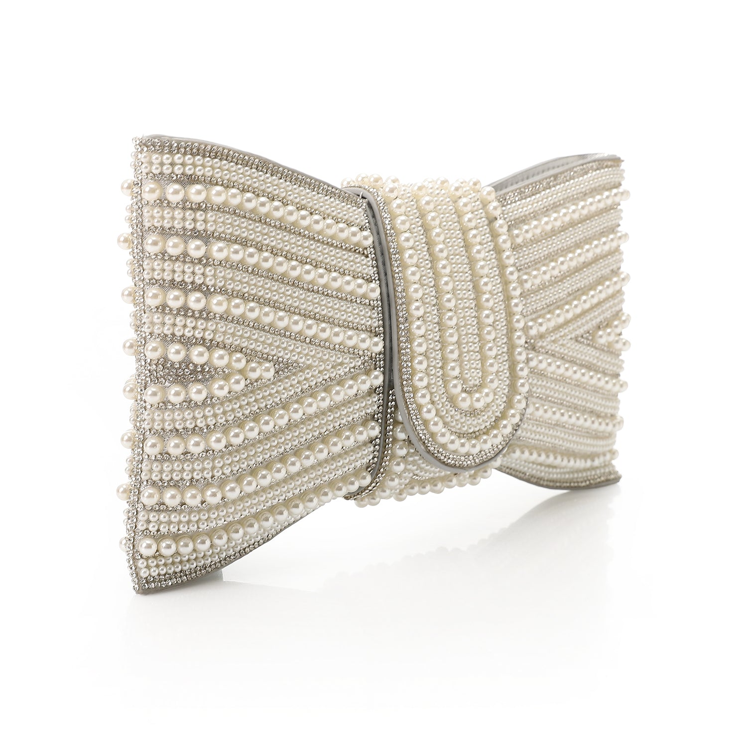 Pearl Bow Embellished Evening Clutch - Silver