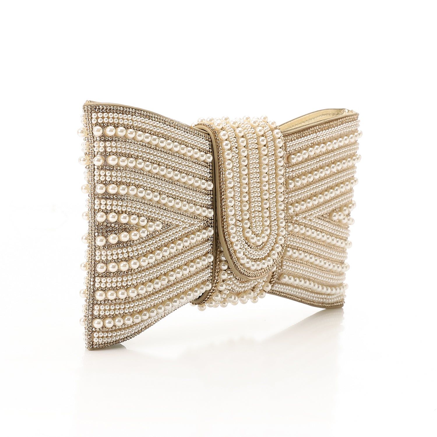 Pearl Bow Embellished Evening Clutch - Gold