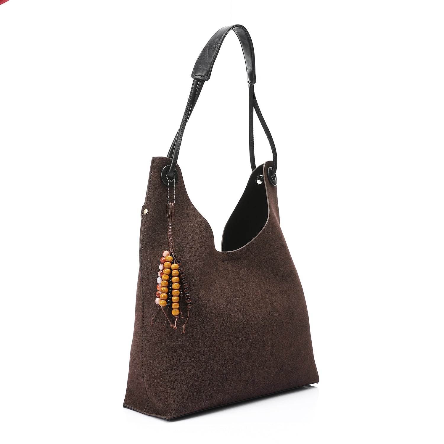 Hobo Shoulder Bag with Beaded Charm Brown