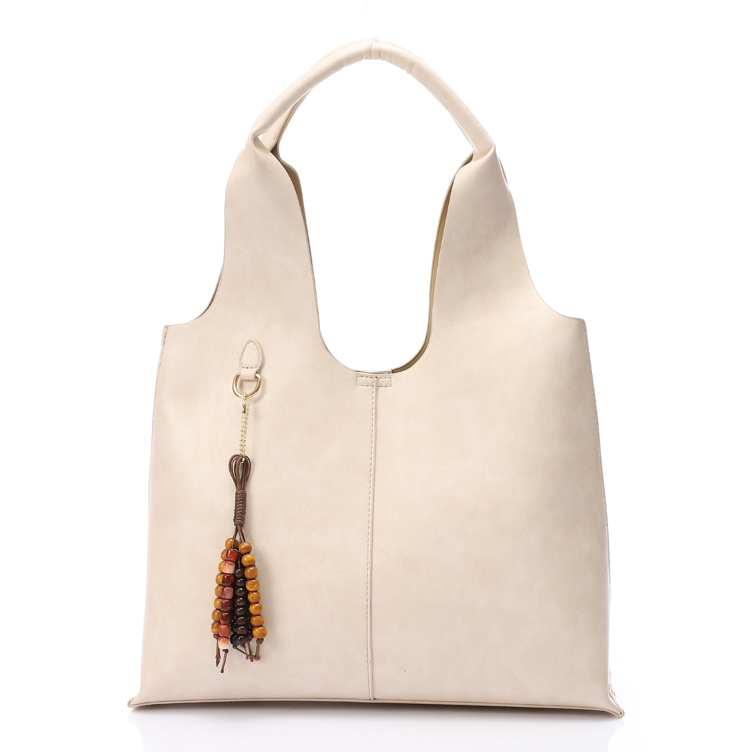 Tote Bag with Beaded Accessory  – Beige