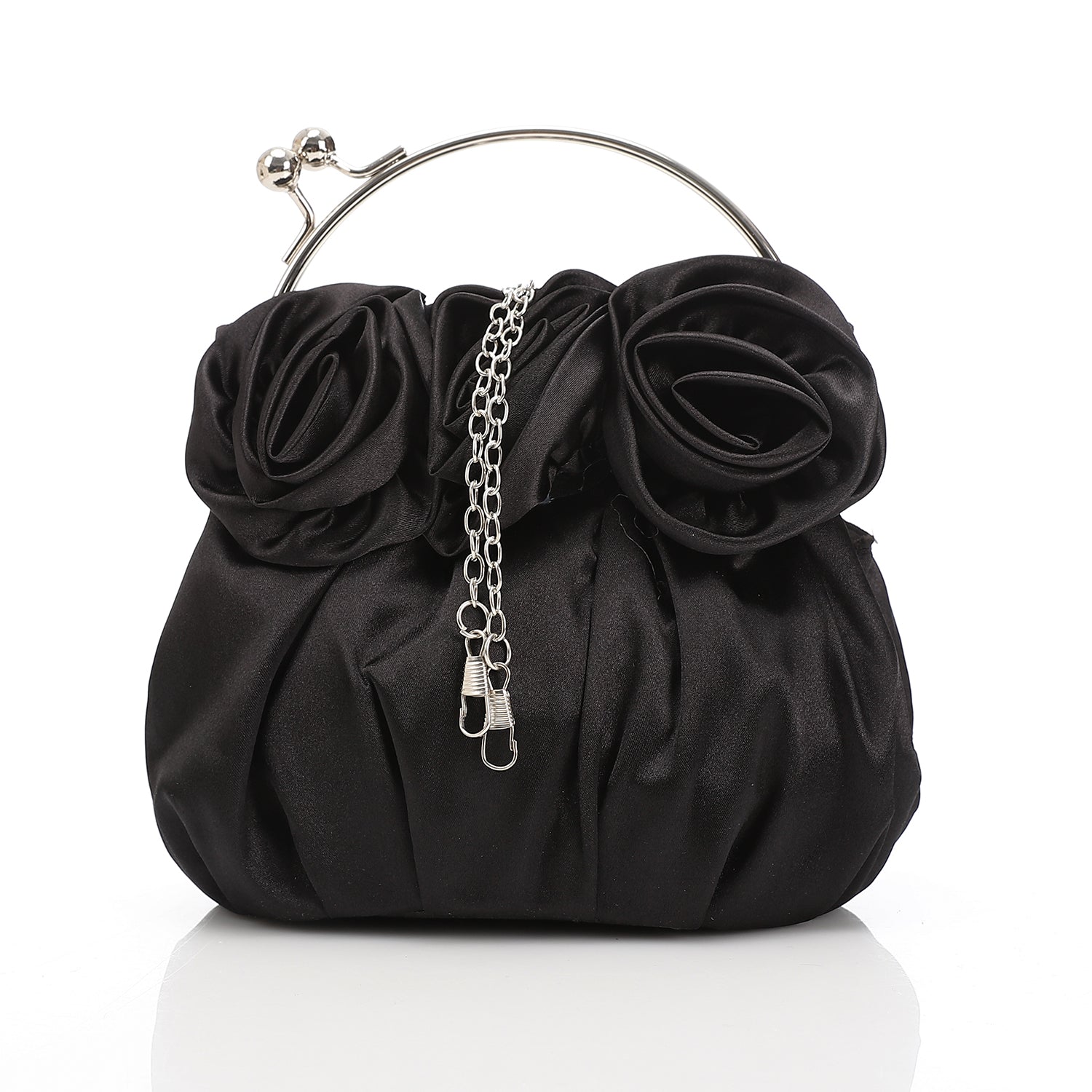 Satin Floral Rosette Evening Bag Black