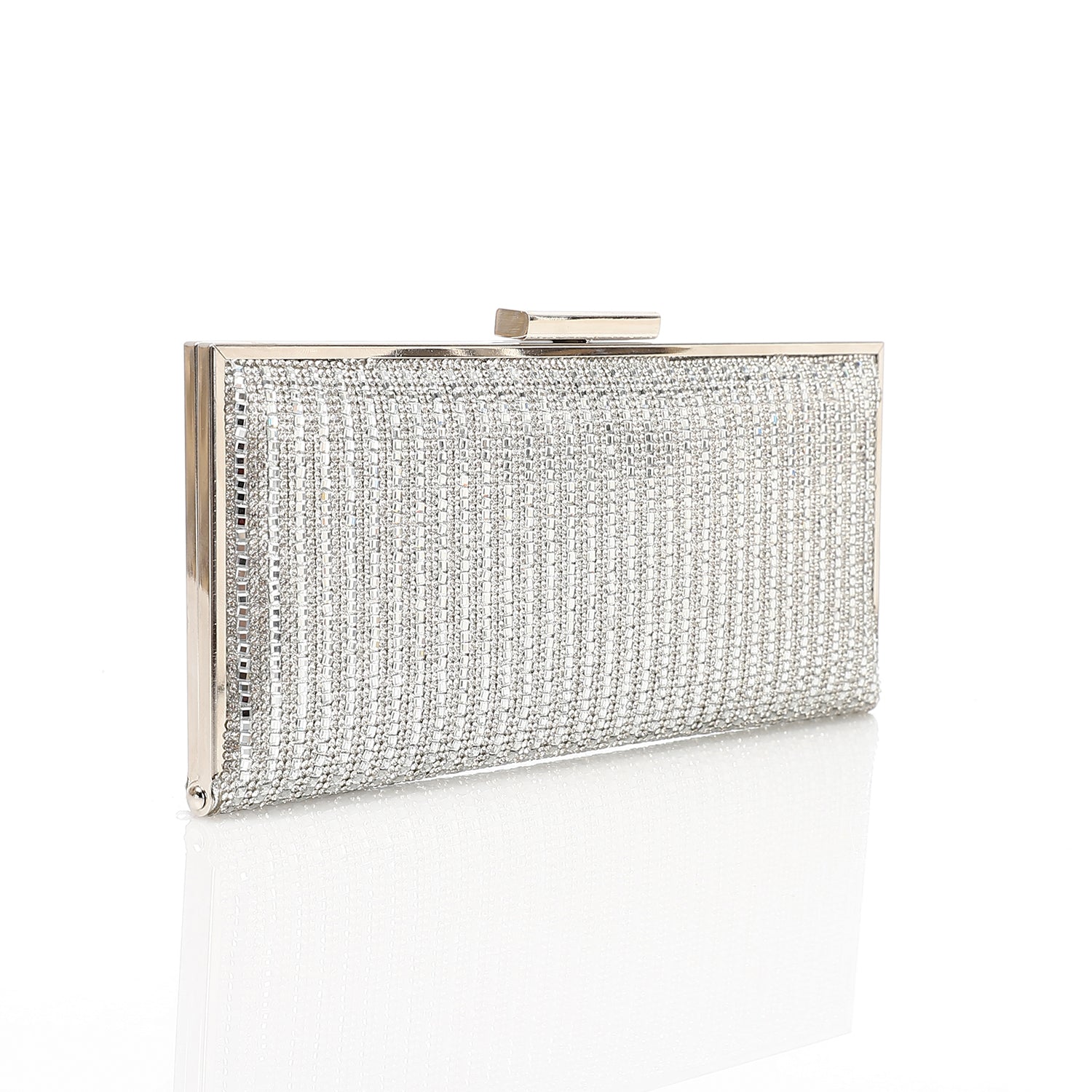 Rhinestone Linear Evening Box Clutch Silver