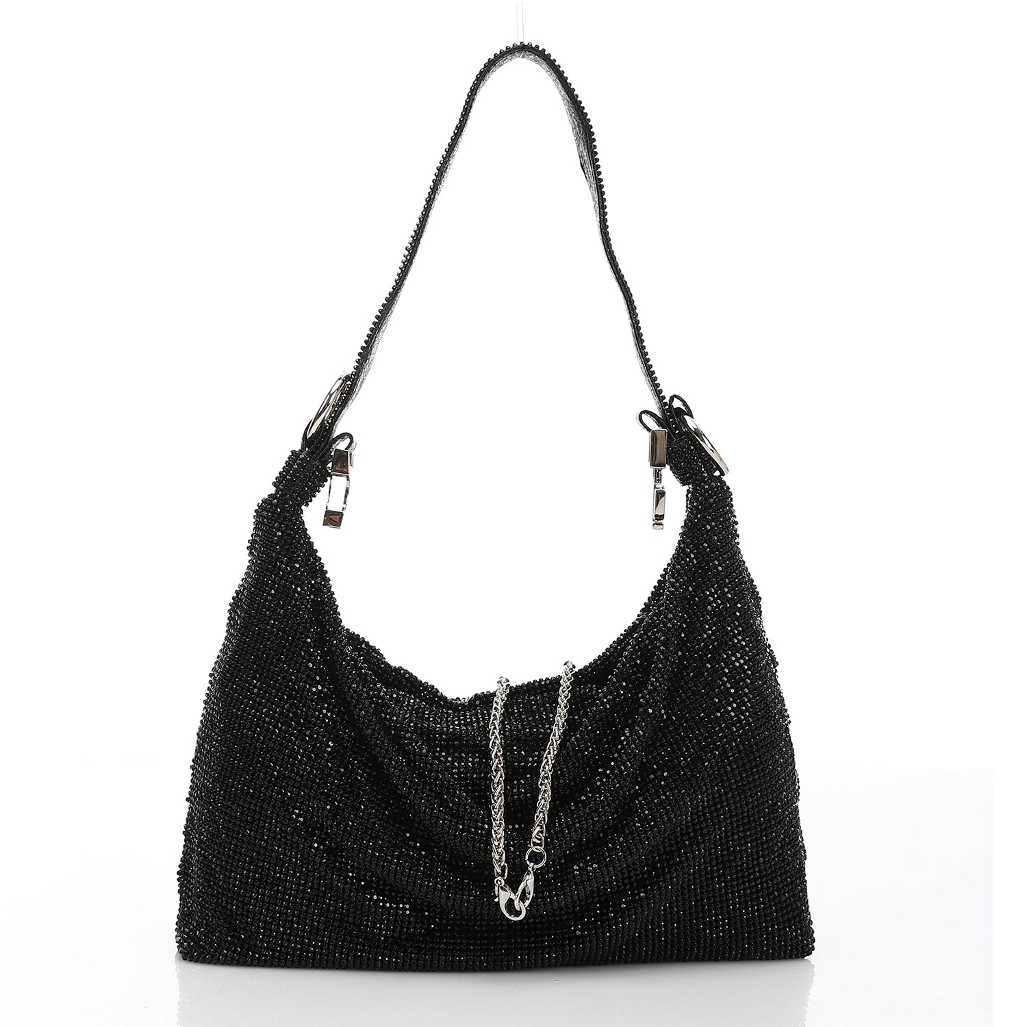 Crystal Studded Slouchy Hobo Evening Bag Black