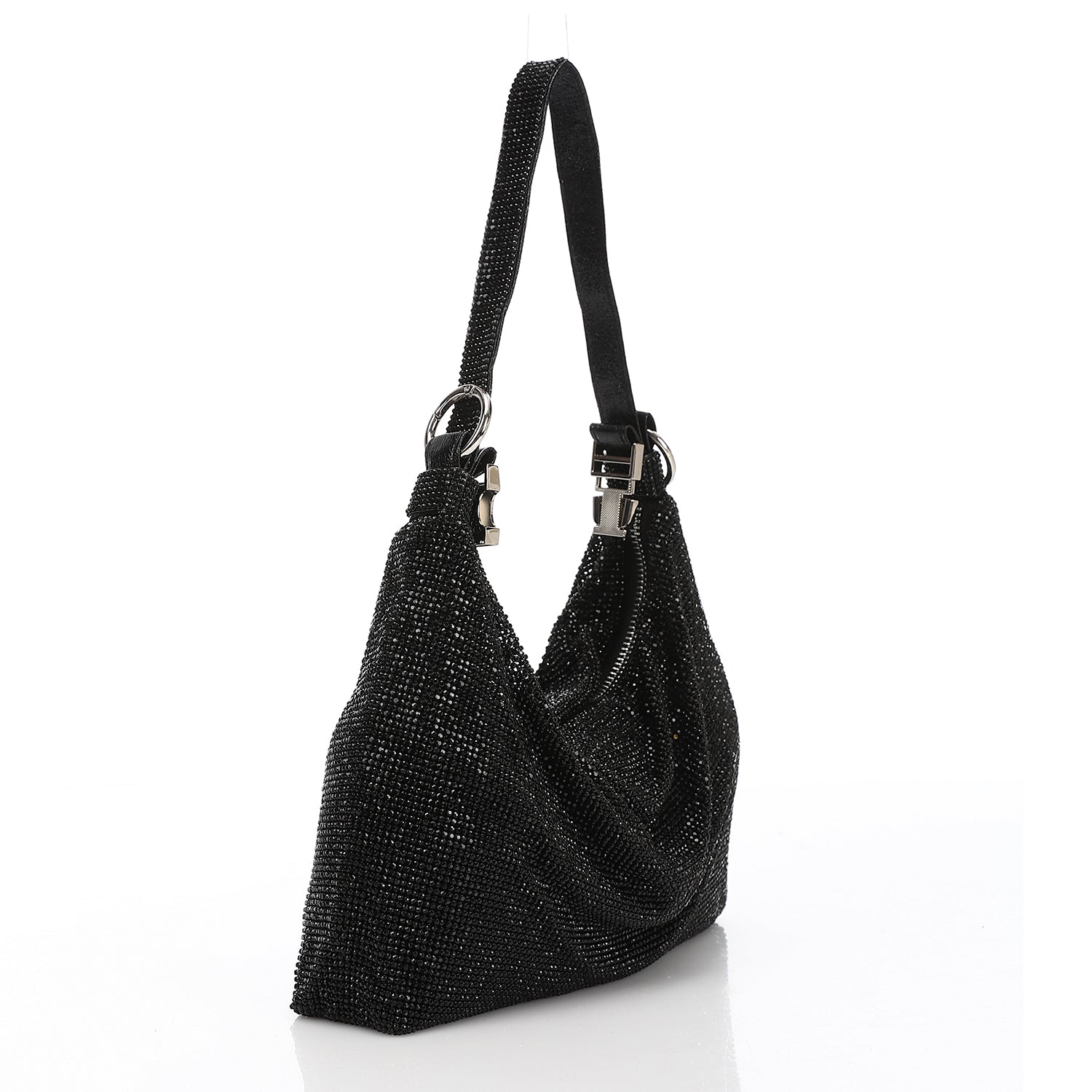 Crystal Studded Slouchy Hobo Evening Bag Black
