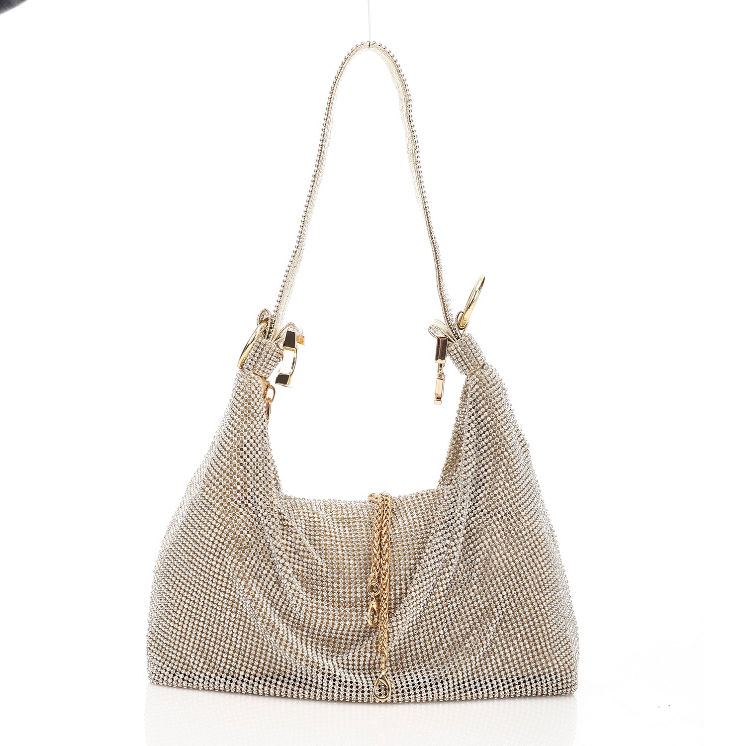 Crystal Studded Slouchy Hobo Evening Bag Gold