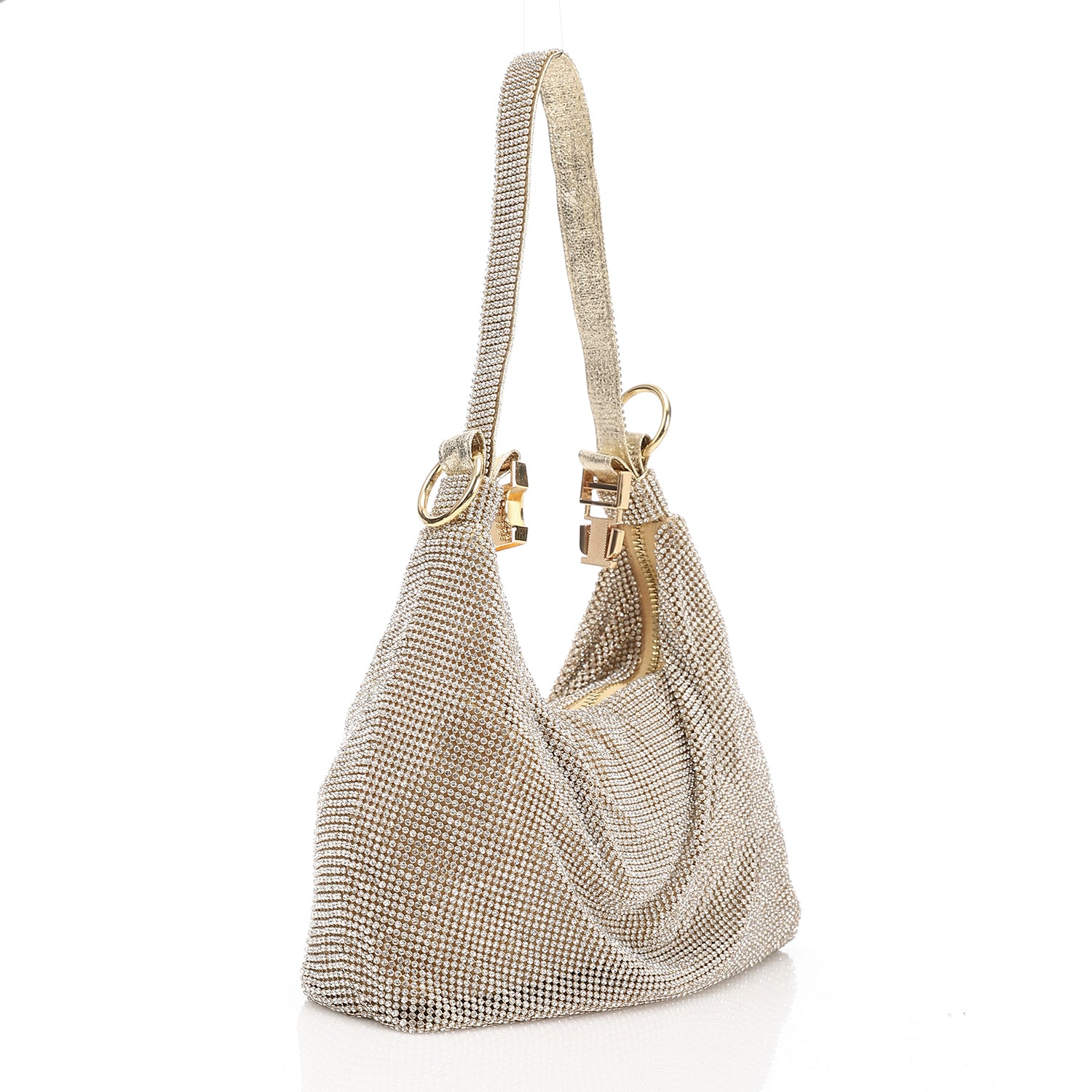 Crystal Studded Slouchy Hobo Evening Bag Gold