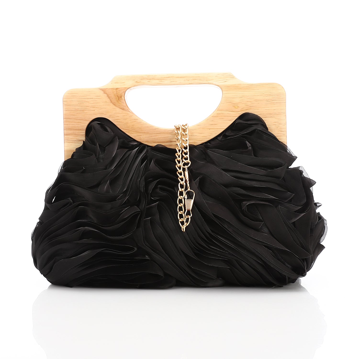 Chiffon Ruffled Evening Bag With Wooden Handle Black