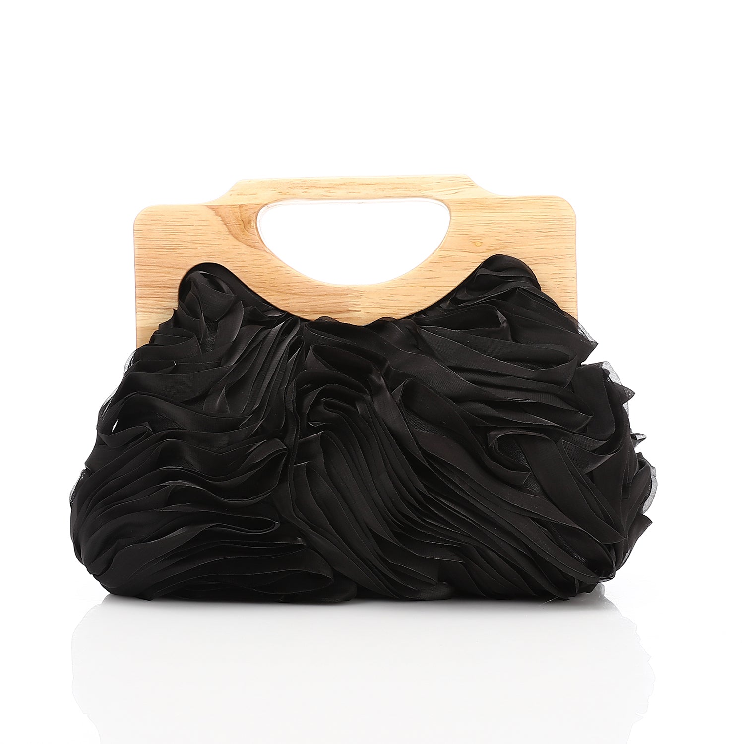 Chiffon Ruffled Evening Bag With Wooden Handle Black