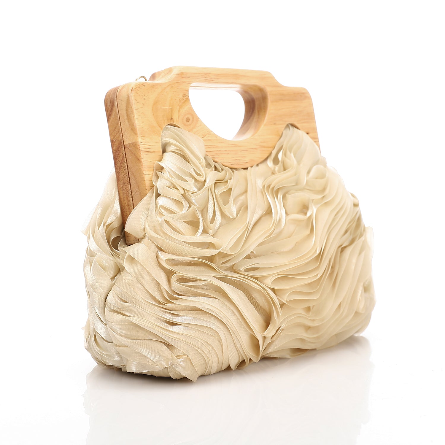 Chiffon Ruffled Evening Bag With Wooden Handle Café