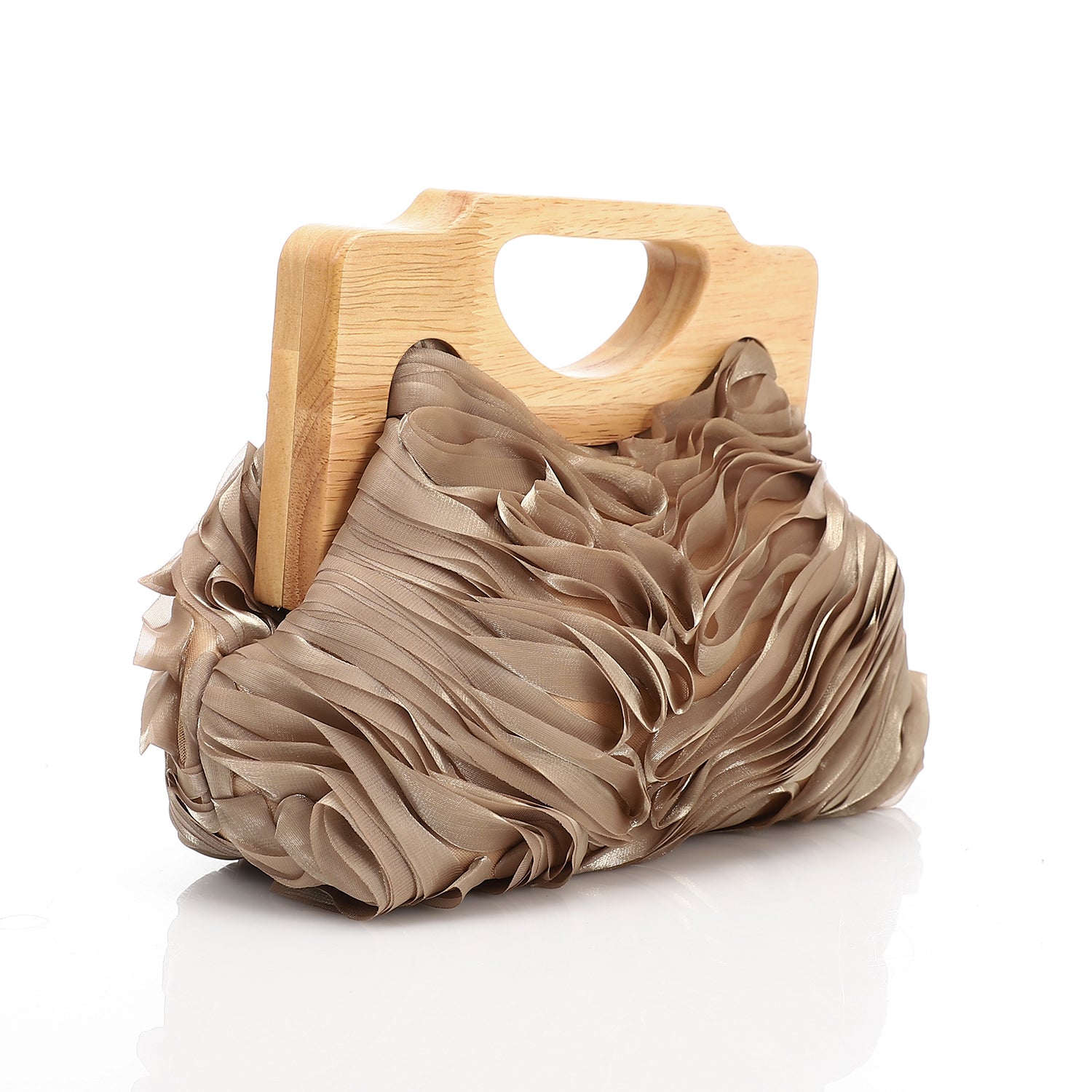 Chiffon Ruffled Evening Bag With Wooden Handle Brown