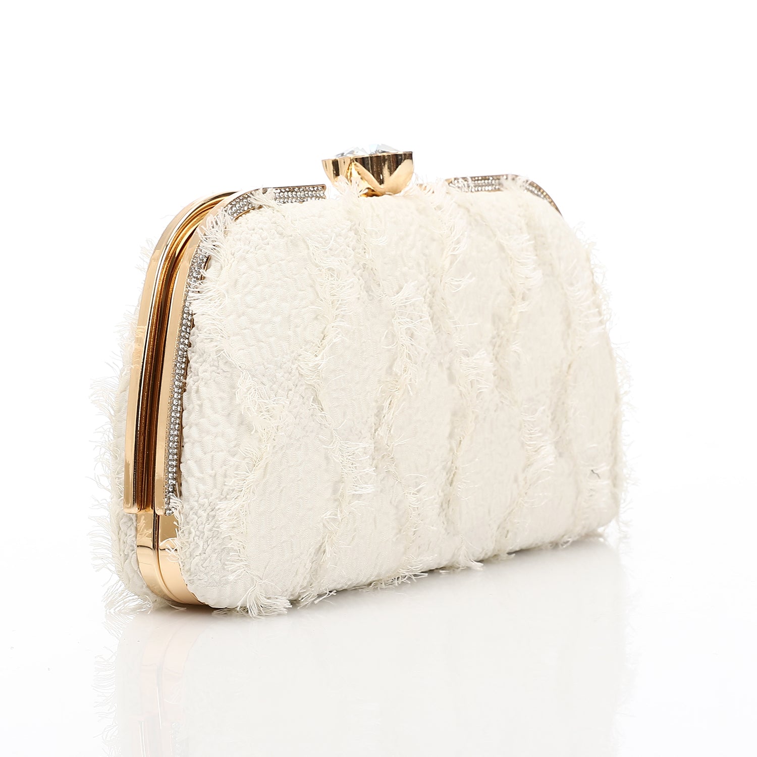 Fringed Texture Evening Clutch Off White