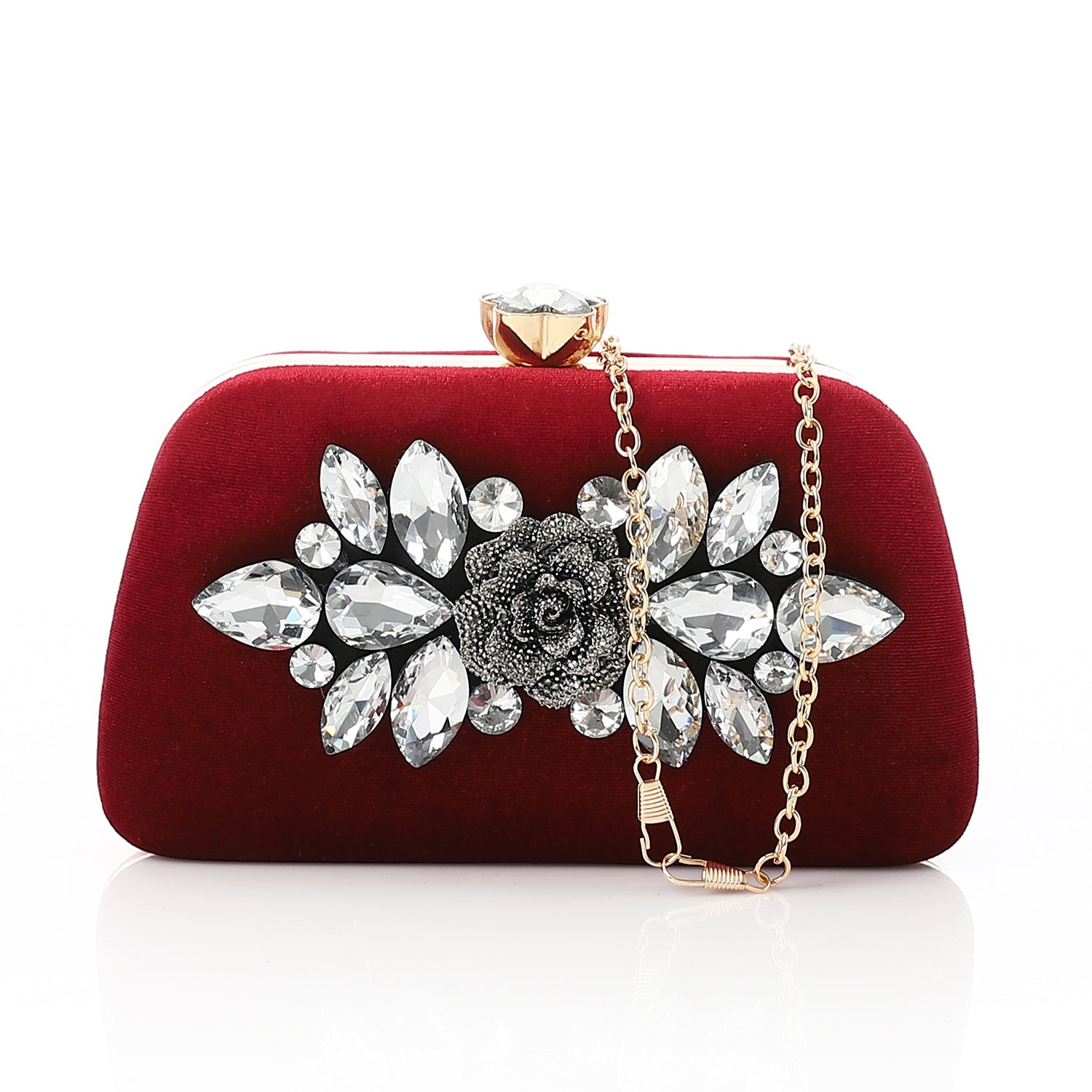Velvet Evening Clutch with Crystal Floral Brooch Red