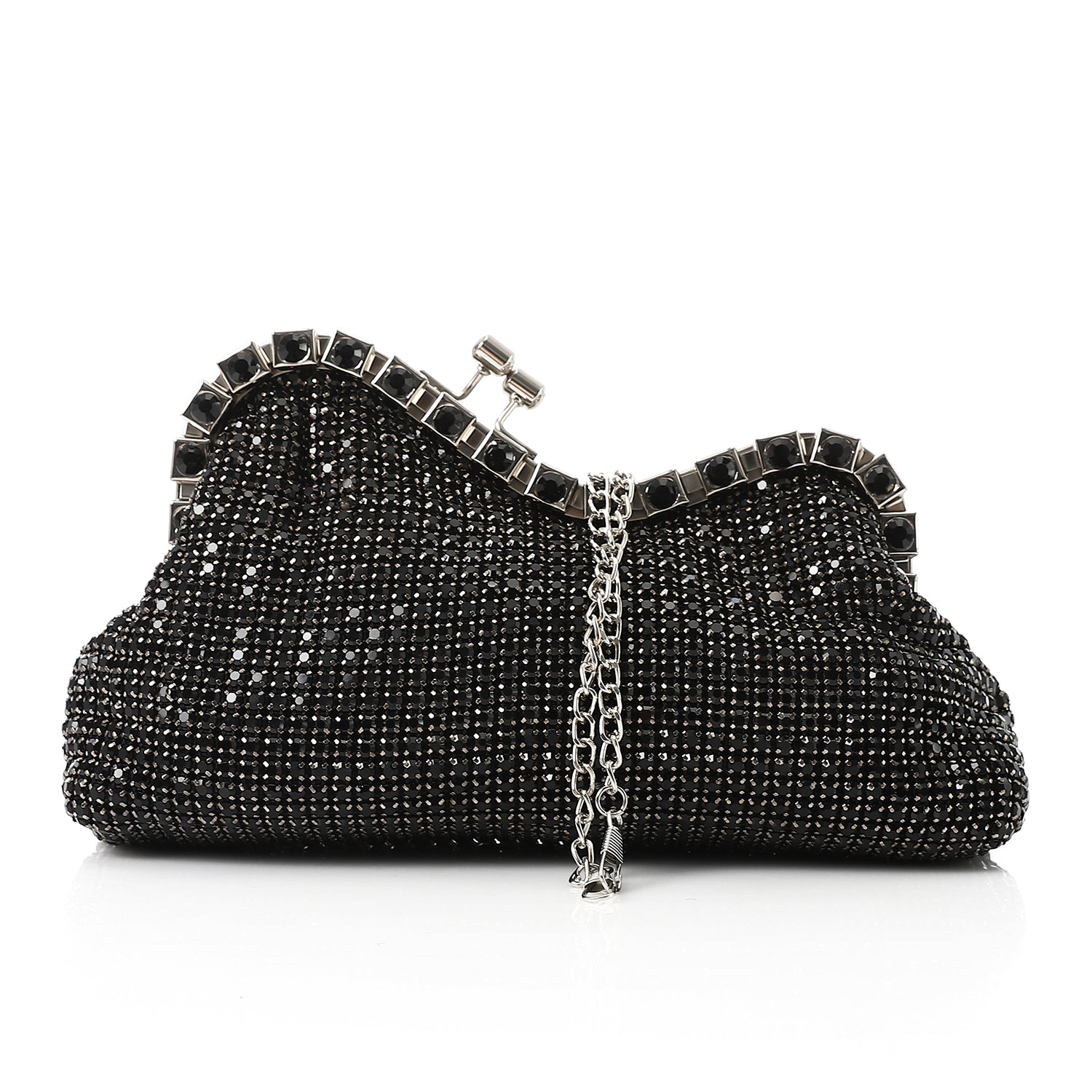 Crystal-Embellished Curved Evening Clutch Black