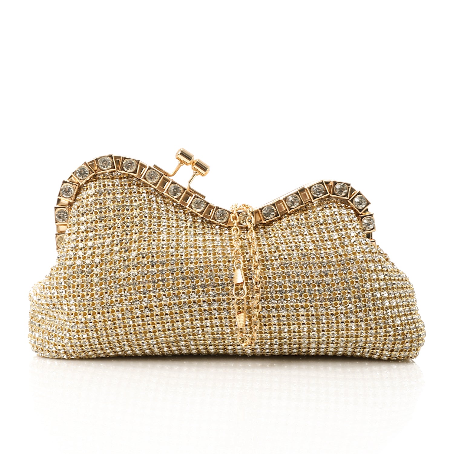 Crystal-Embellished Curved Evening Clutch Gold
