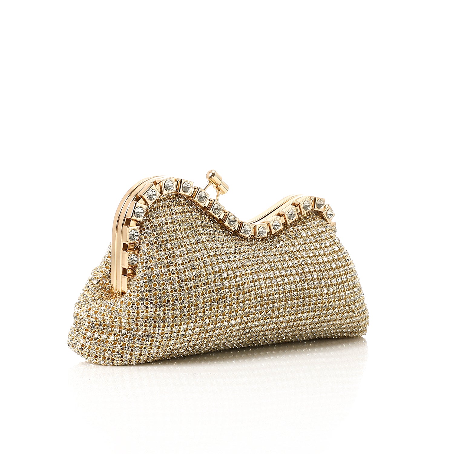 Crystal-Embellished Curved Evening Clutch Gold