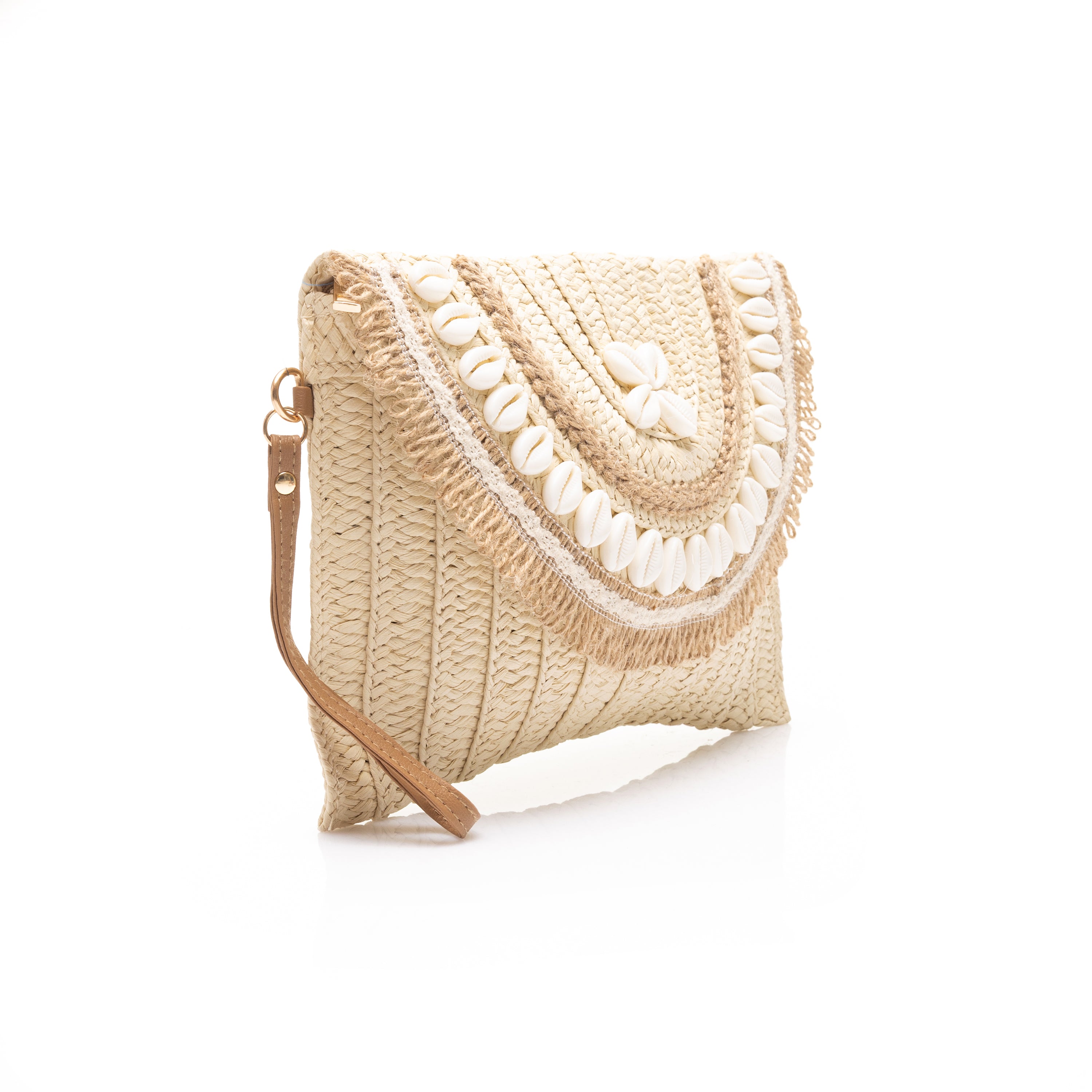 Cowrie Shell Embellished Woven Straw Clutch with Fringe Detail Beige