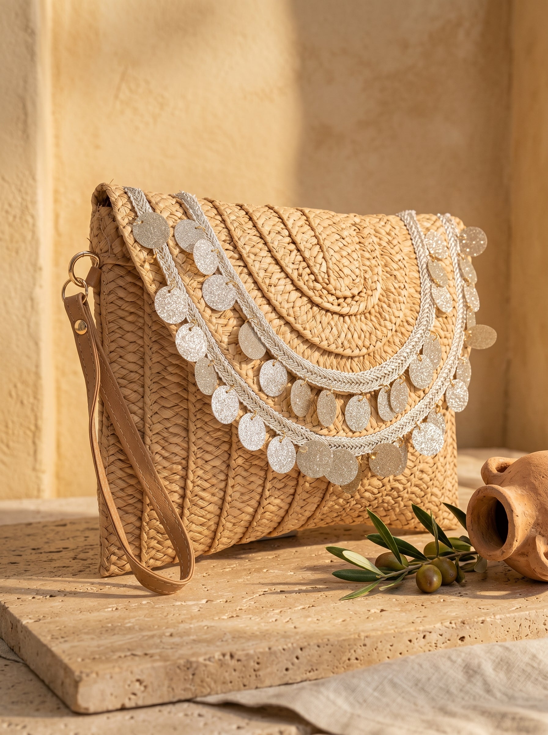 Coin Sequined Woven Straw Clutch and Shoulder Bag Cafe