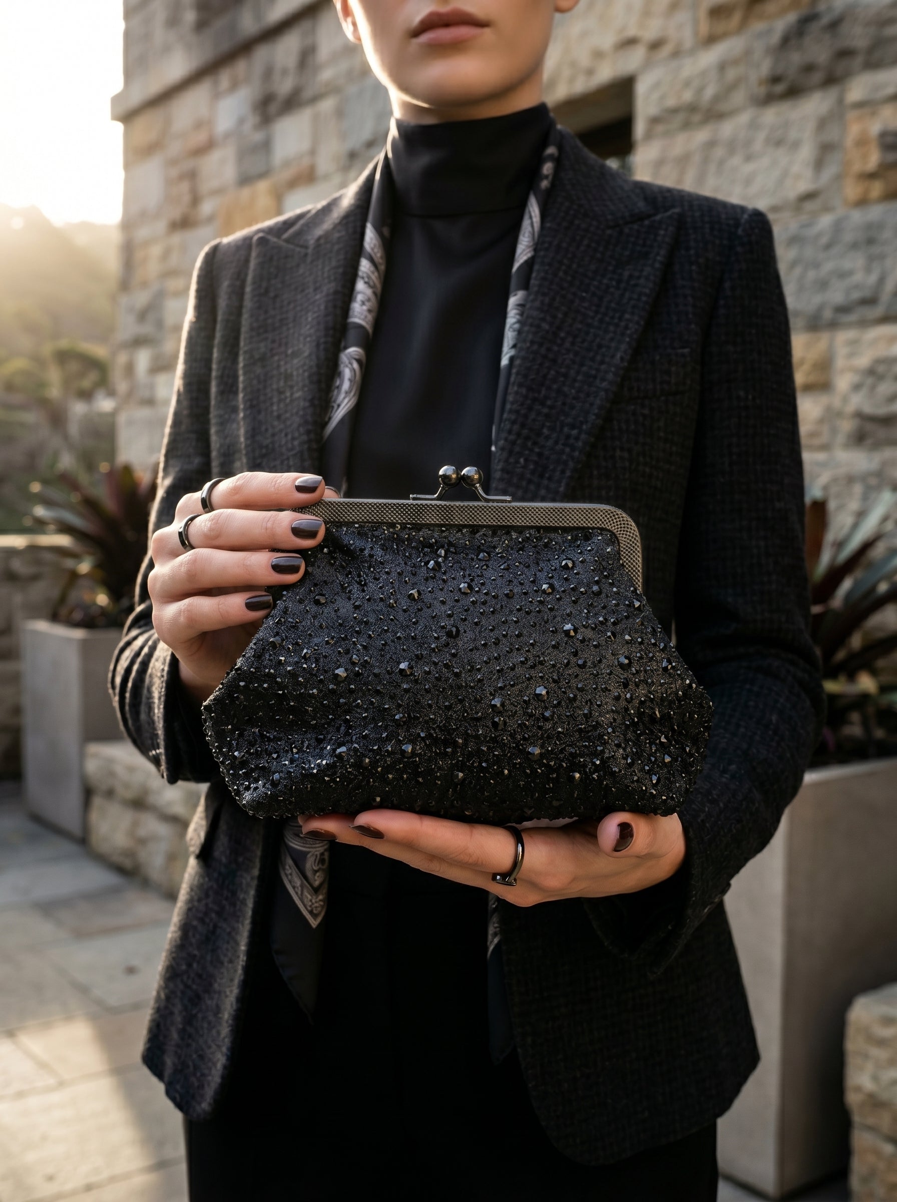 Rhinestone Evening Clutch with Silver-Tone Chain Black