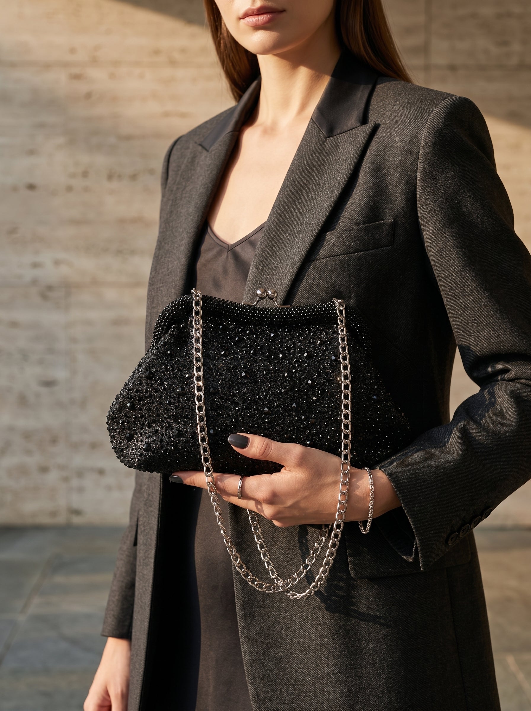 Rhinestone Evening Clutch with Silver-Tone Chain Black