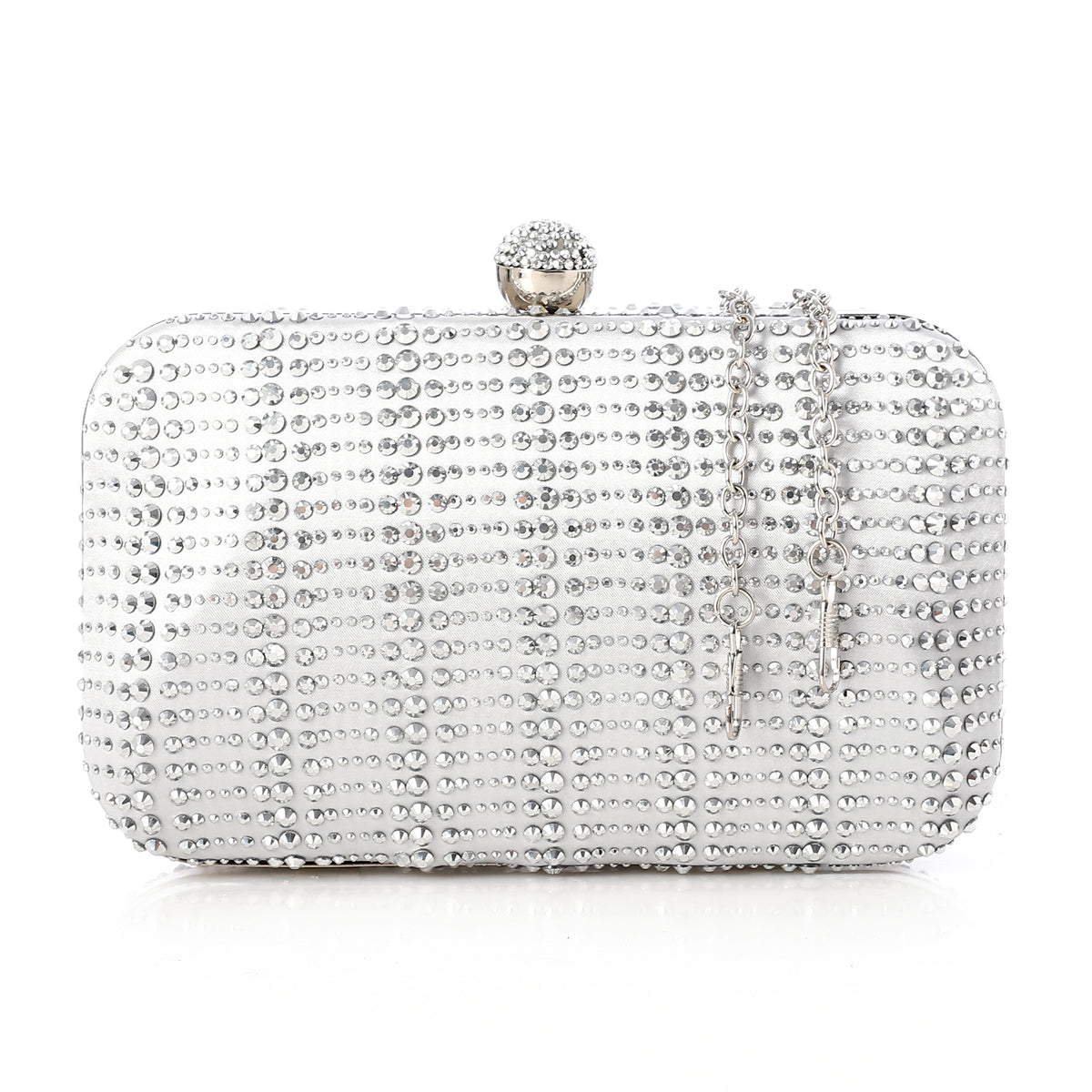 Rhinestone Striped Hard-Case Evening Clutch Silver