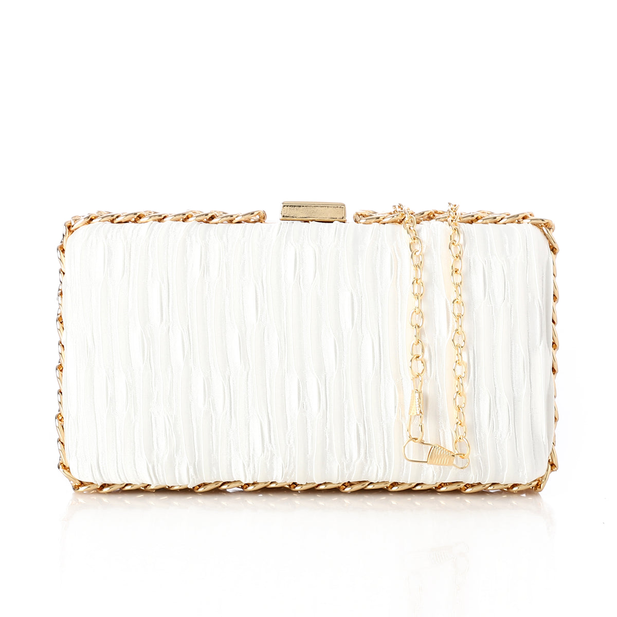Ruched Chain-Trim Hard-Case Evening Clutch Silver