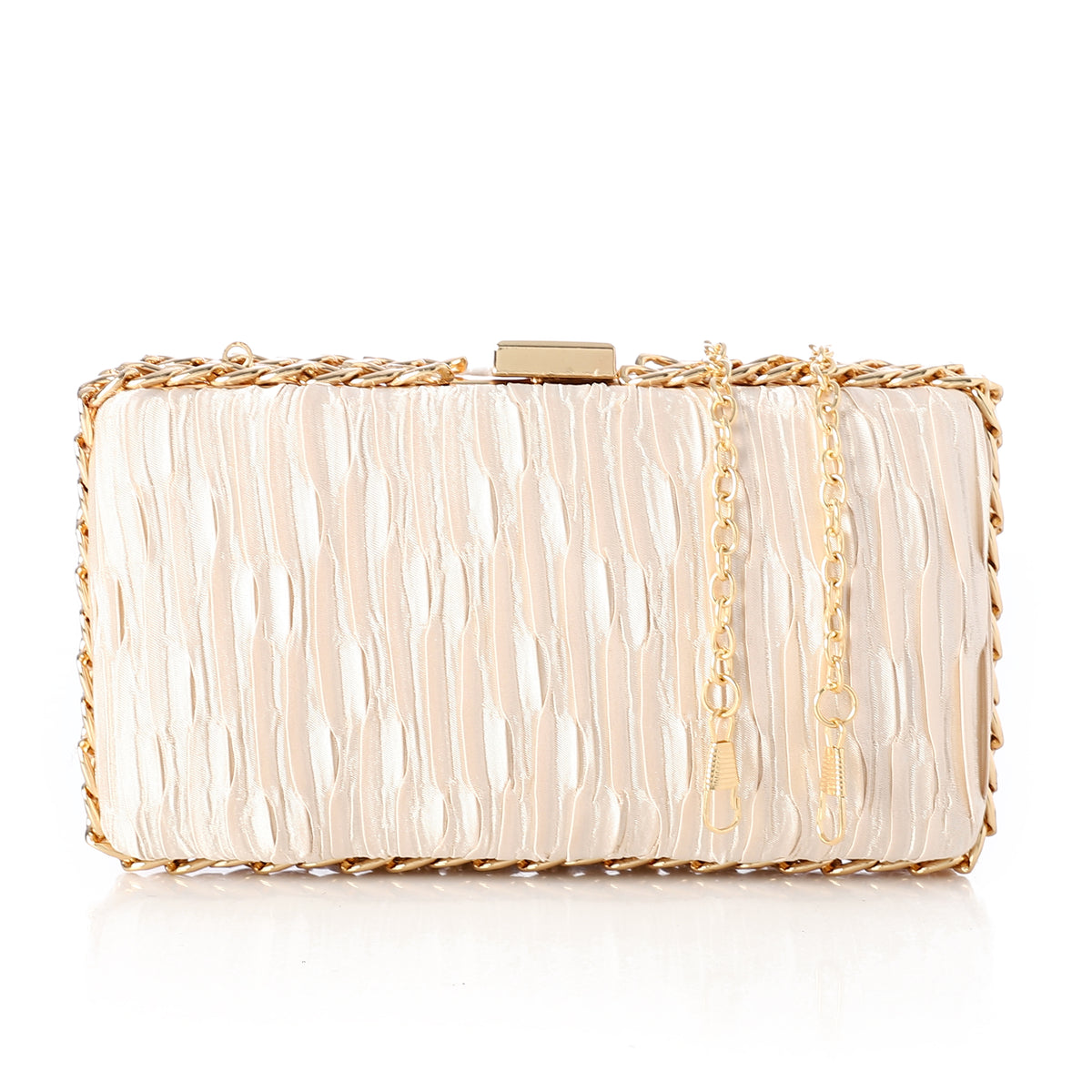 Ruched Chain-Trim Hard-Case Evening Clutch Gold