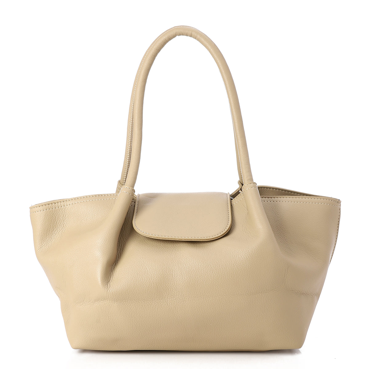 Soft Leather Flap-Detail Shoulder Tote Bag Kaki