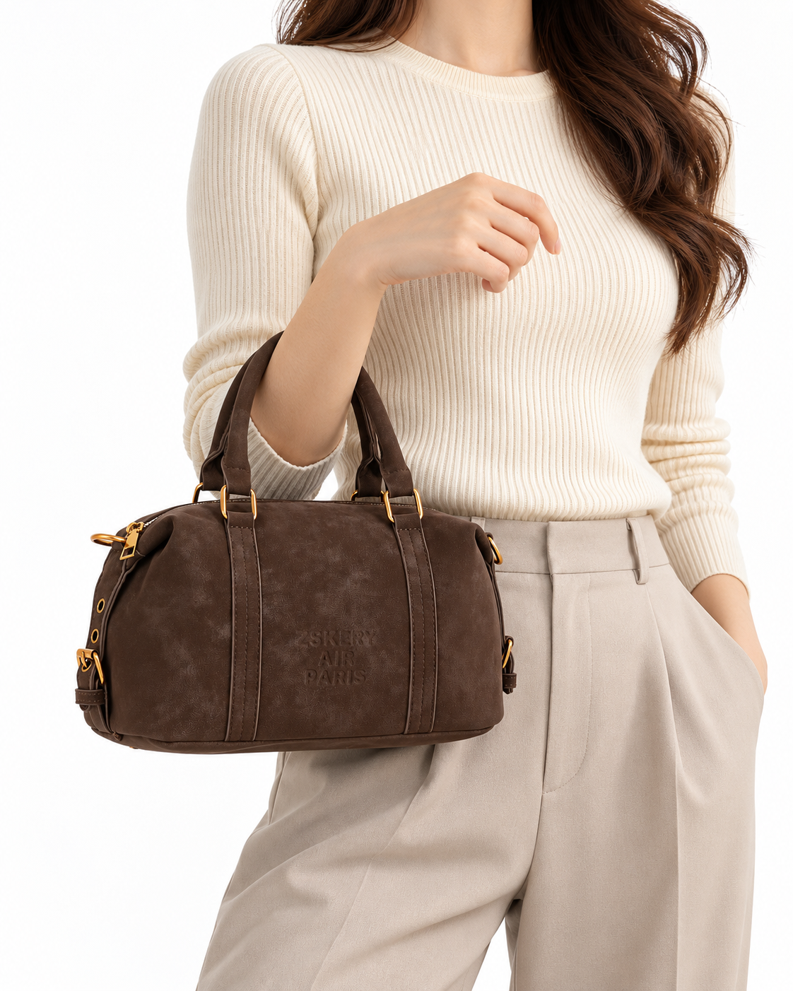 Structured Logo-Embossed Boston Handbag Brown