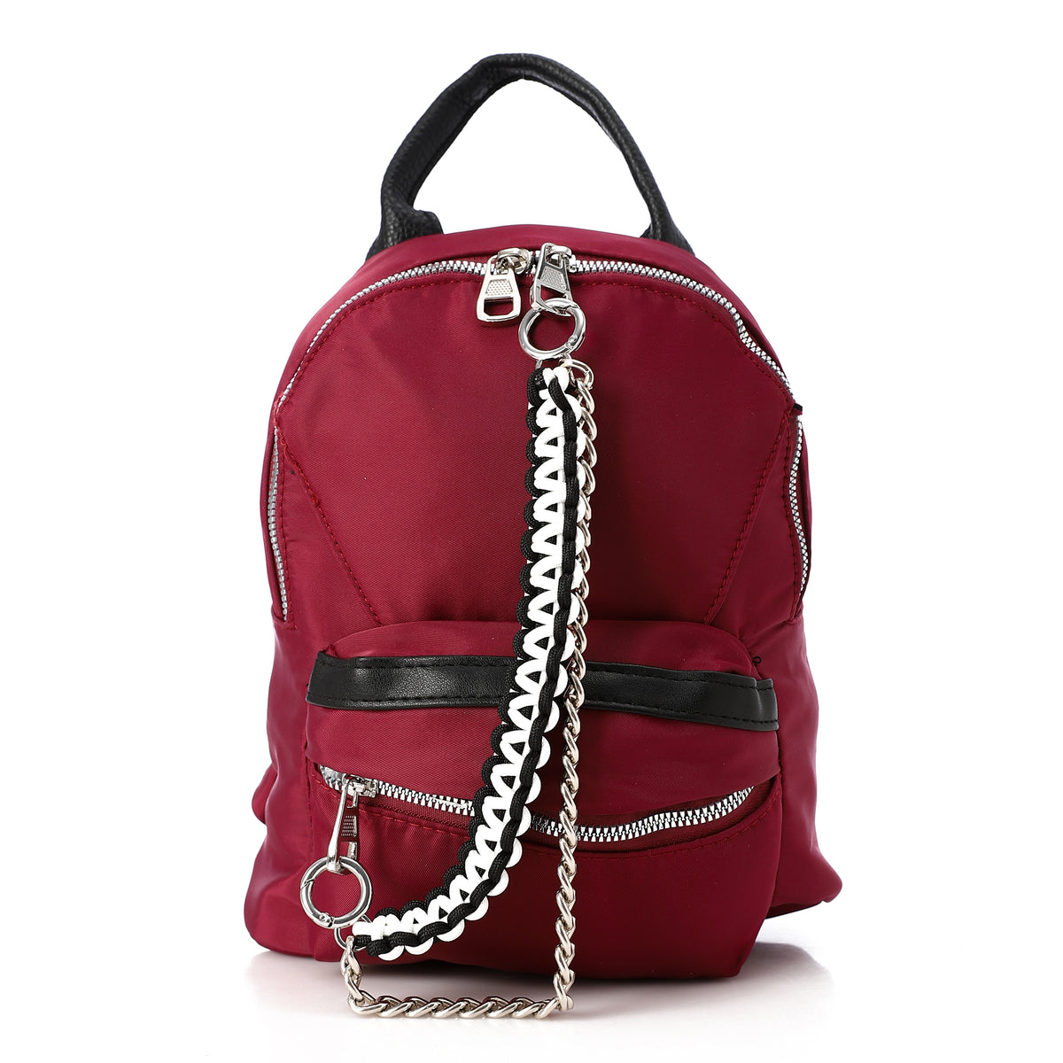 Nylon Chain-Accented Casual Backpack Dark Red