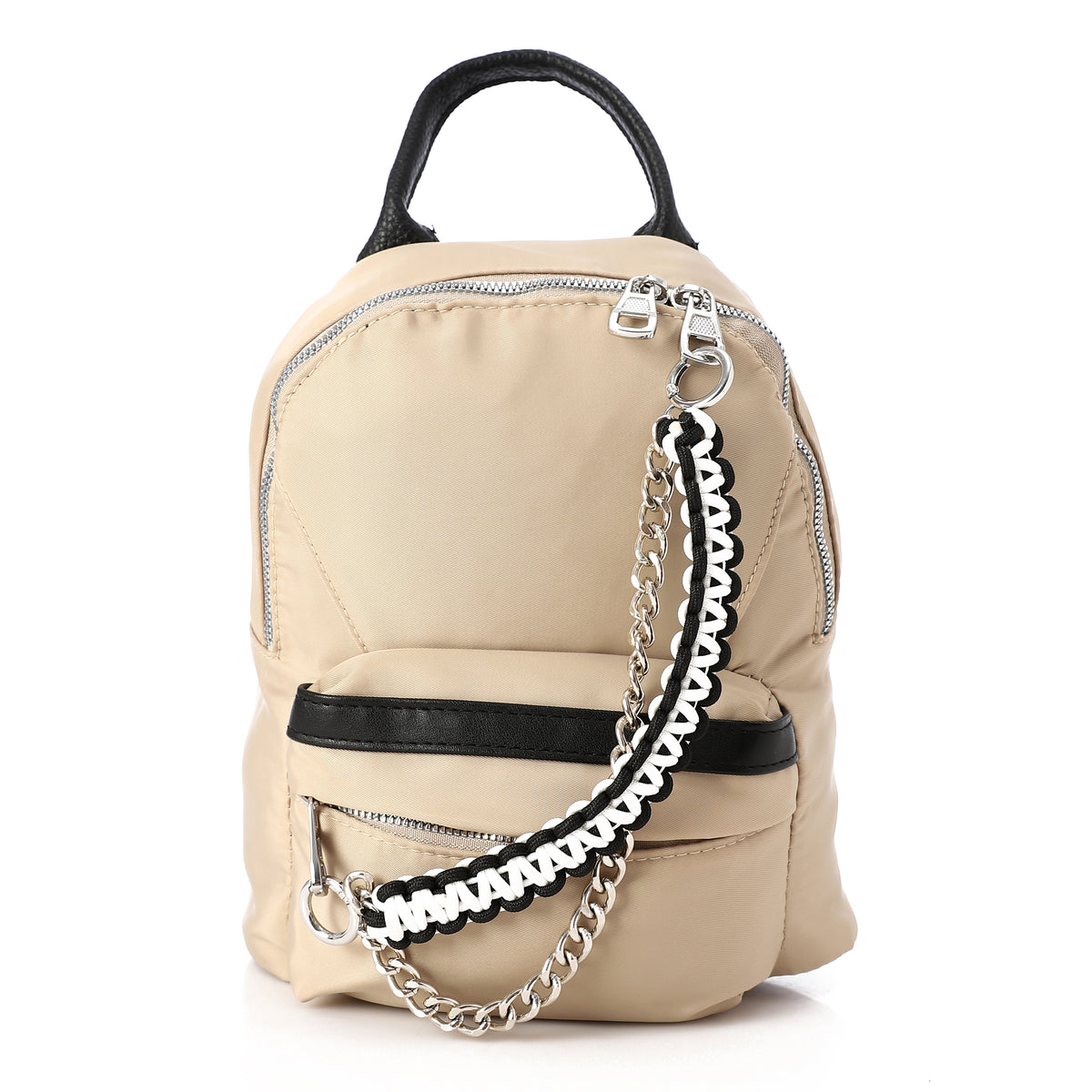 Nylon Chain-Accented Casual Backpack Beige